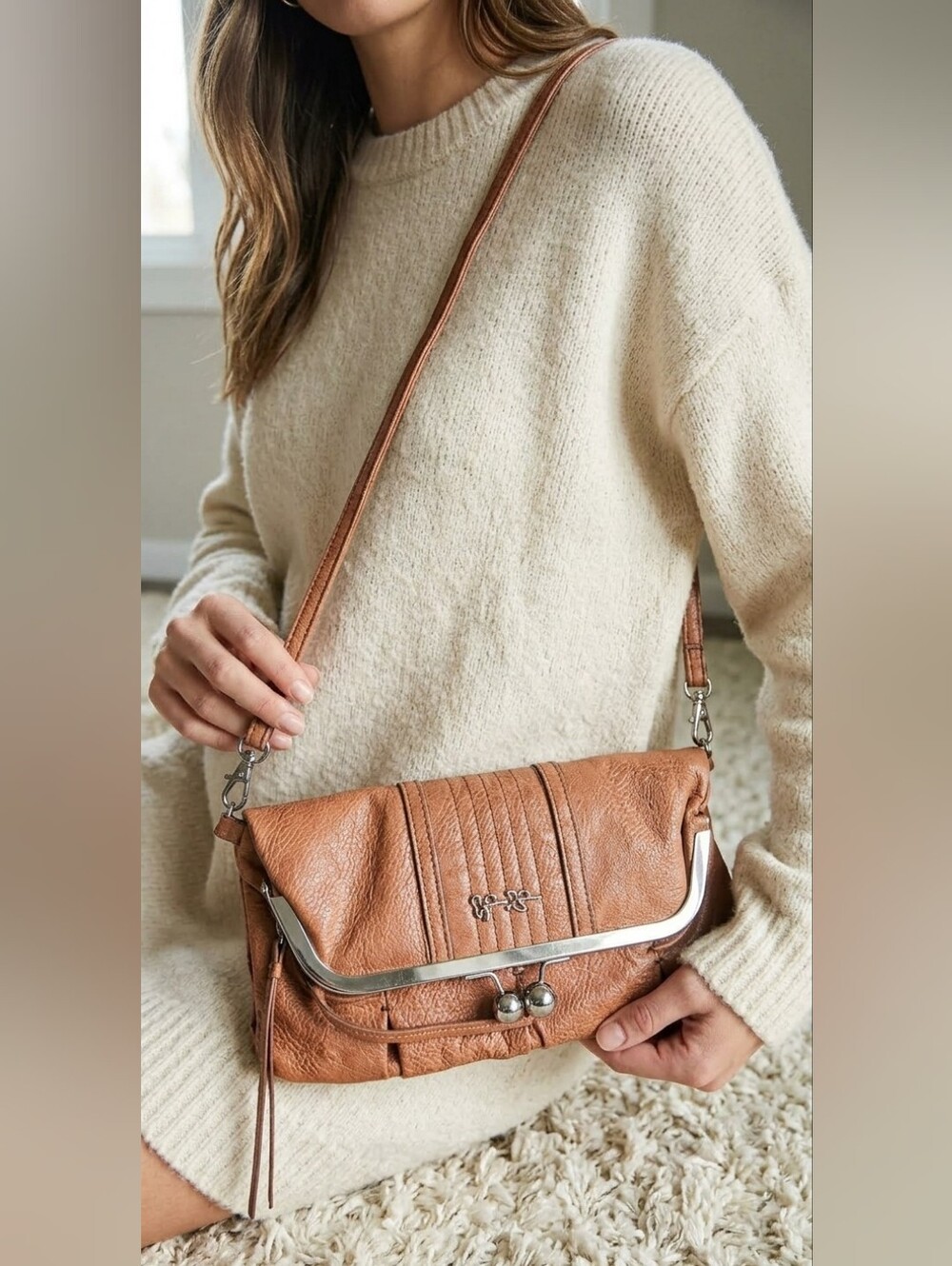 Jessica Simpson Cognac Tan Faux Leather Kiss Lock Foldover Crossbody Bag